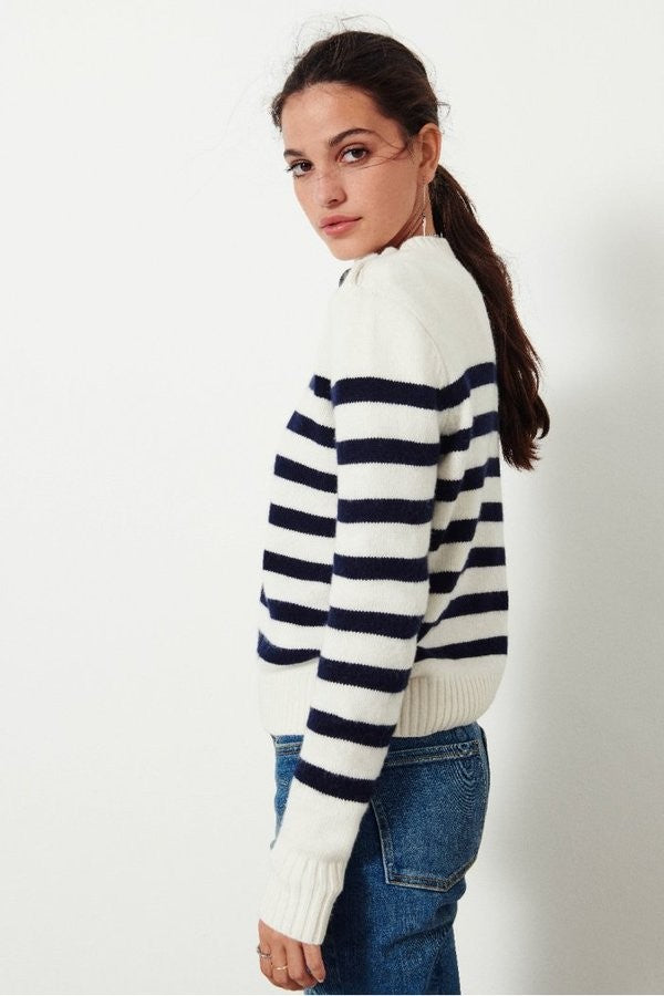 ba&sh Breton Striped Knit Sweater Cream Navy Button Shoulder Size 3 (US M)