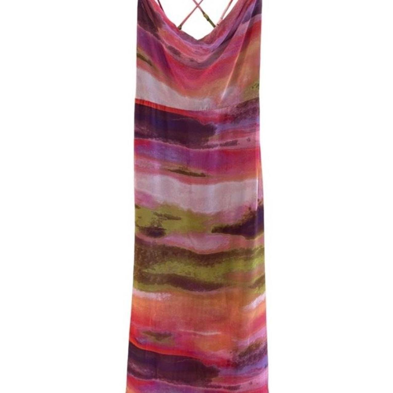 Watercolor Abstract Print Cowl Neck Strappy Back Slip Maxi Dress Multicolor