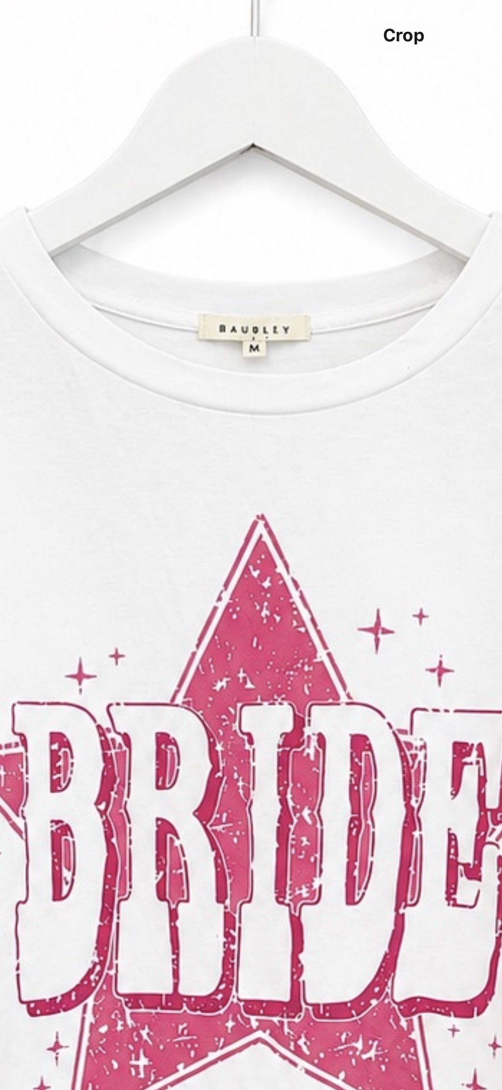 Baublely BRIDE Rhinestone Fringe Crop Tee White Pink Star Graphic Bachelorette M