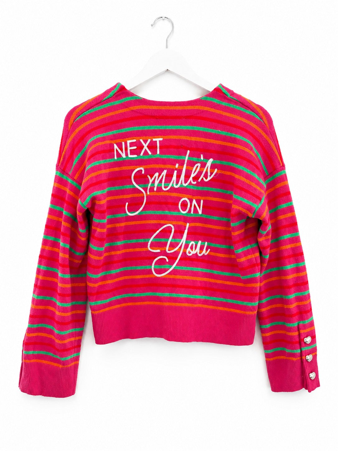 XO KR Kerri Rosenthal Pink Striped V-Neck Sweater Heart Button Cuffs Womens