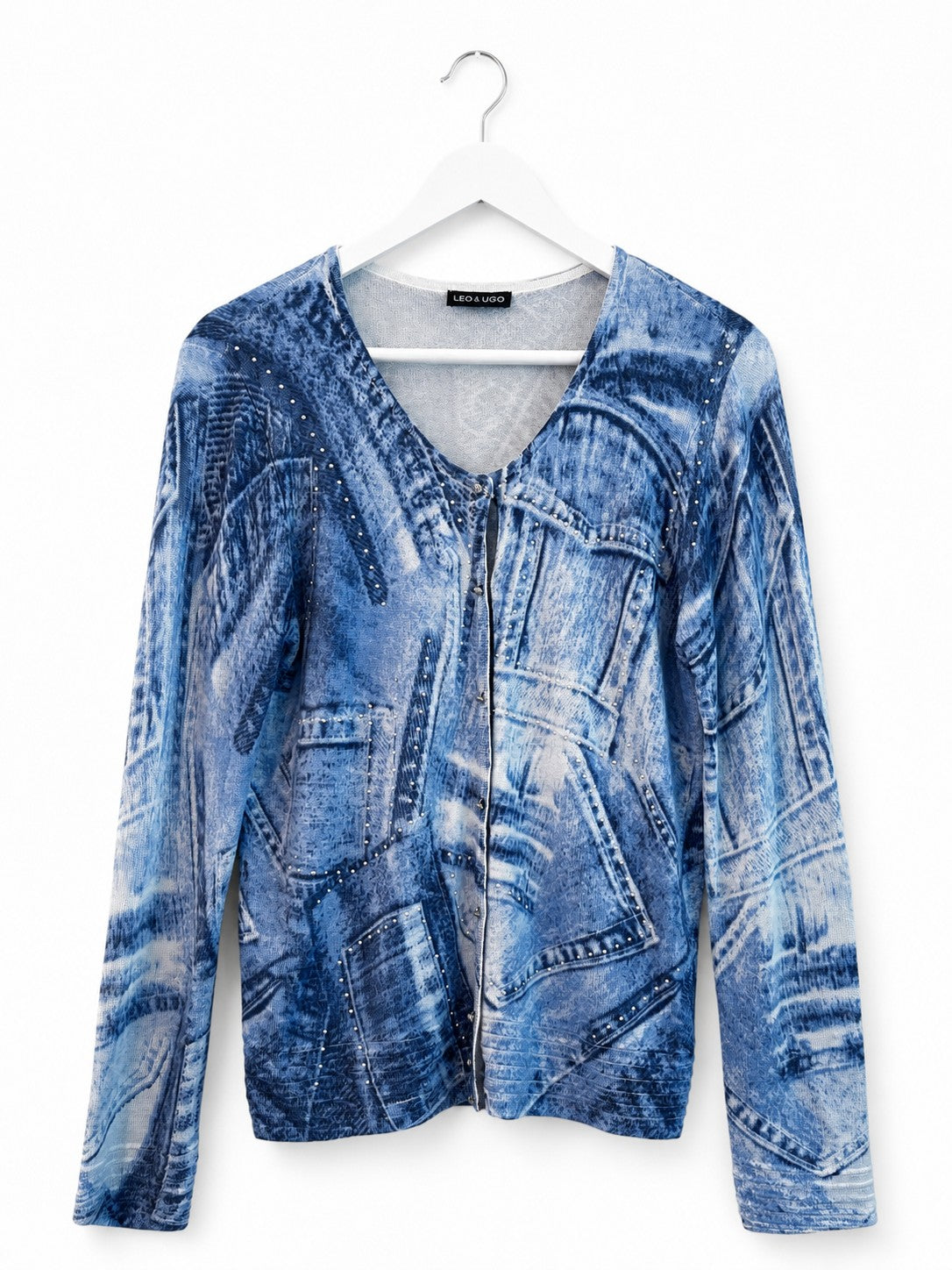 LEO & UGO Women's Denim-Print Cardigan Blue Studded Trompe l'oeil V-Neck Size 3