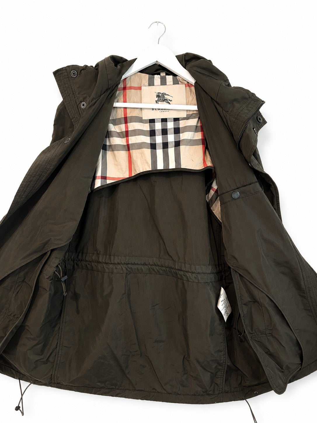 Burberry London Womens Hooded Parka Lightweight Rain Jacket Olive Nova Check