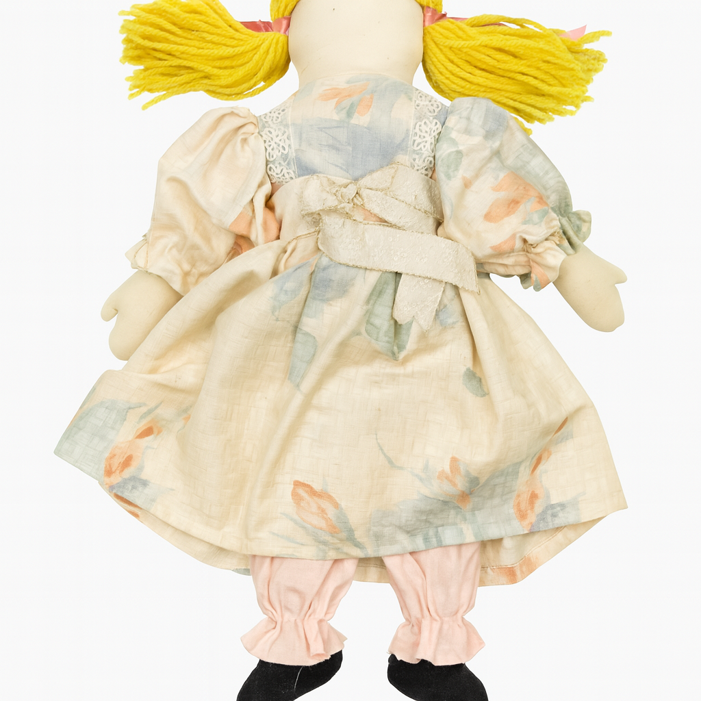 Handmade Cloth Rag Doll Yellow Yarn Hair Floral Rose Dress Black Shoes 18"