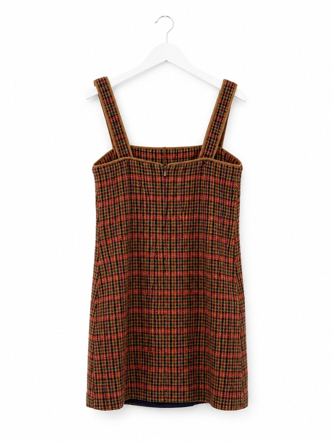 Wool Houndstooth Plaid Pinafore Mini Dress Size 6 Jewel Button Brown Multicolor