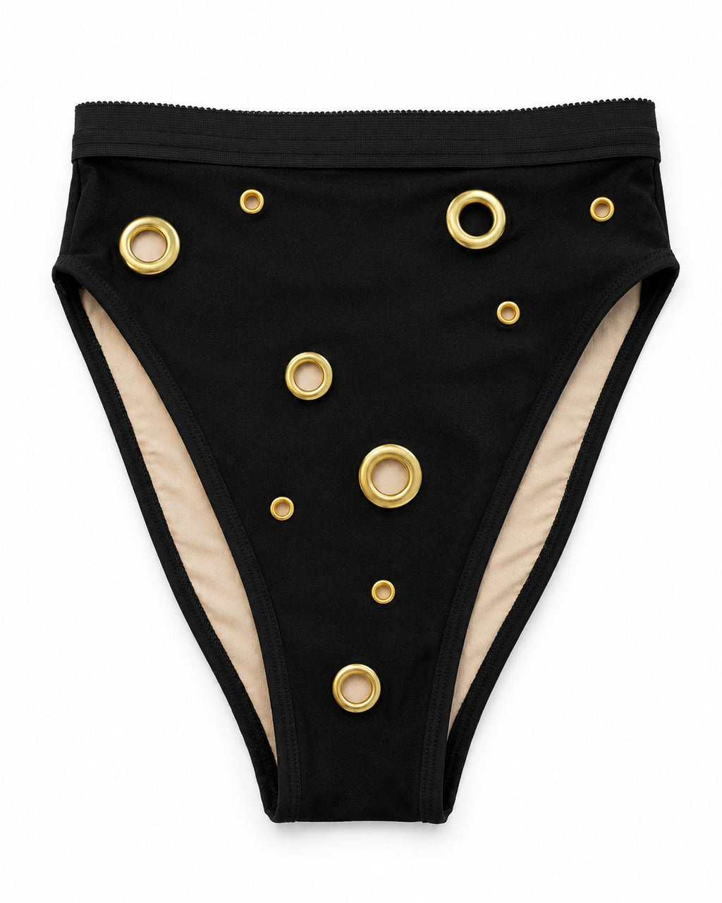Black High Waisted Bikini Bottoms w/ Gold Grommet Eyelet Detail Festival Rave