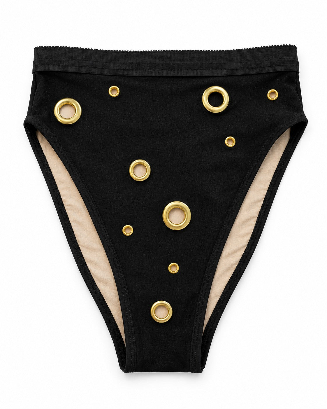 Black High Waisted Bikini Bottoms w/ Gold Grommet Eyelet Detail Festival Rave