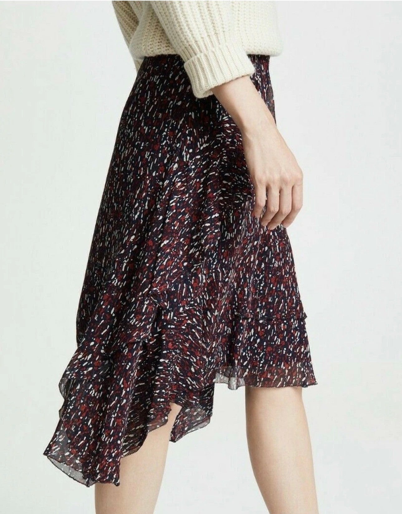 Tiered Ruffle Chiffon Midi Skirt Navy Red Abstract Print High-Low Asymmetric