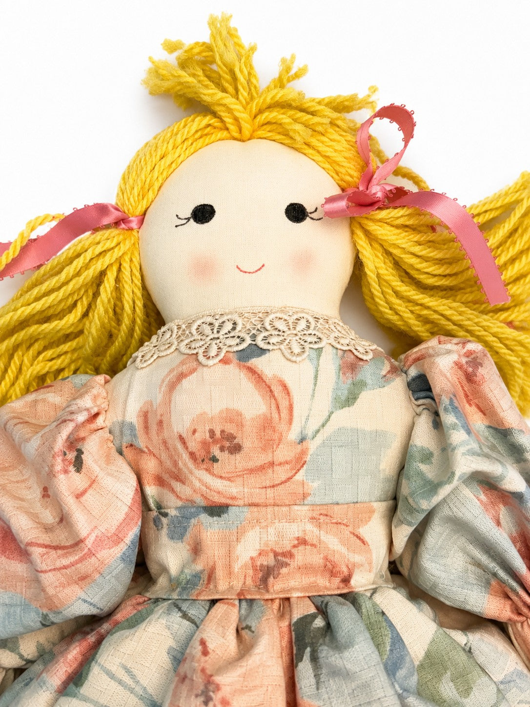 Handmade Cloth Rag Doll Yellow Yarn Hair Floral Rose Dress Black Shoes 18"