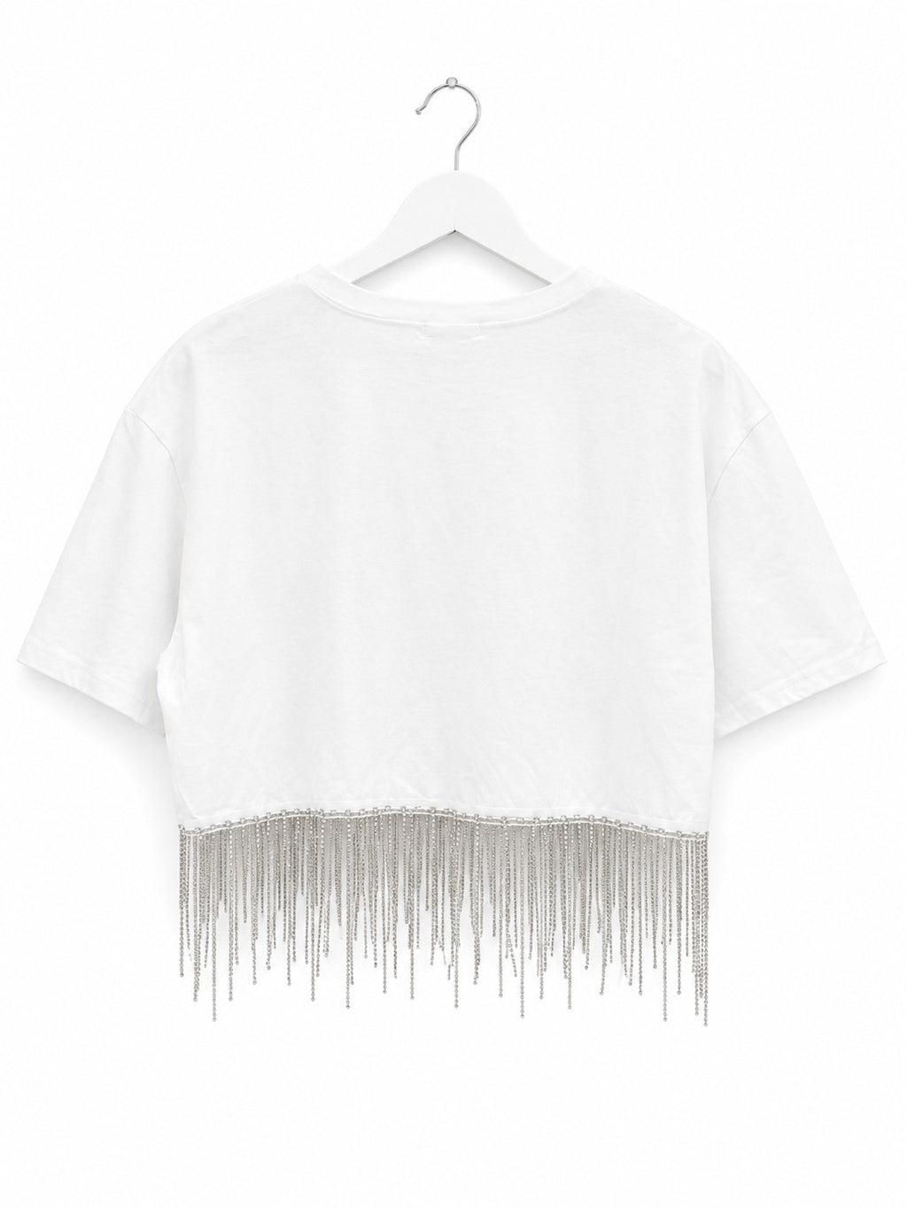 Baublely BRIDE Rhinestone Fringe Crop Tee White Pink Star Graphic Bachelorette M
