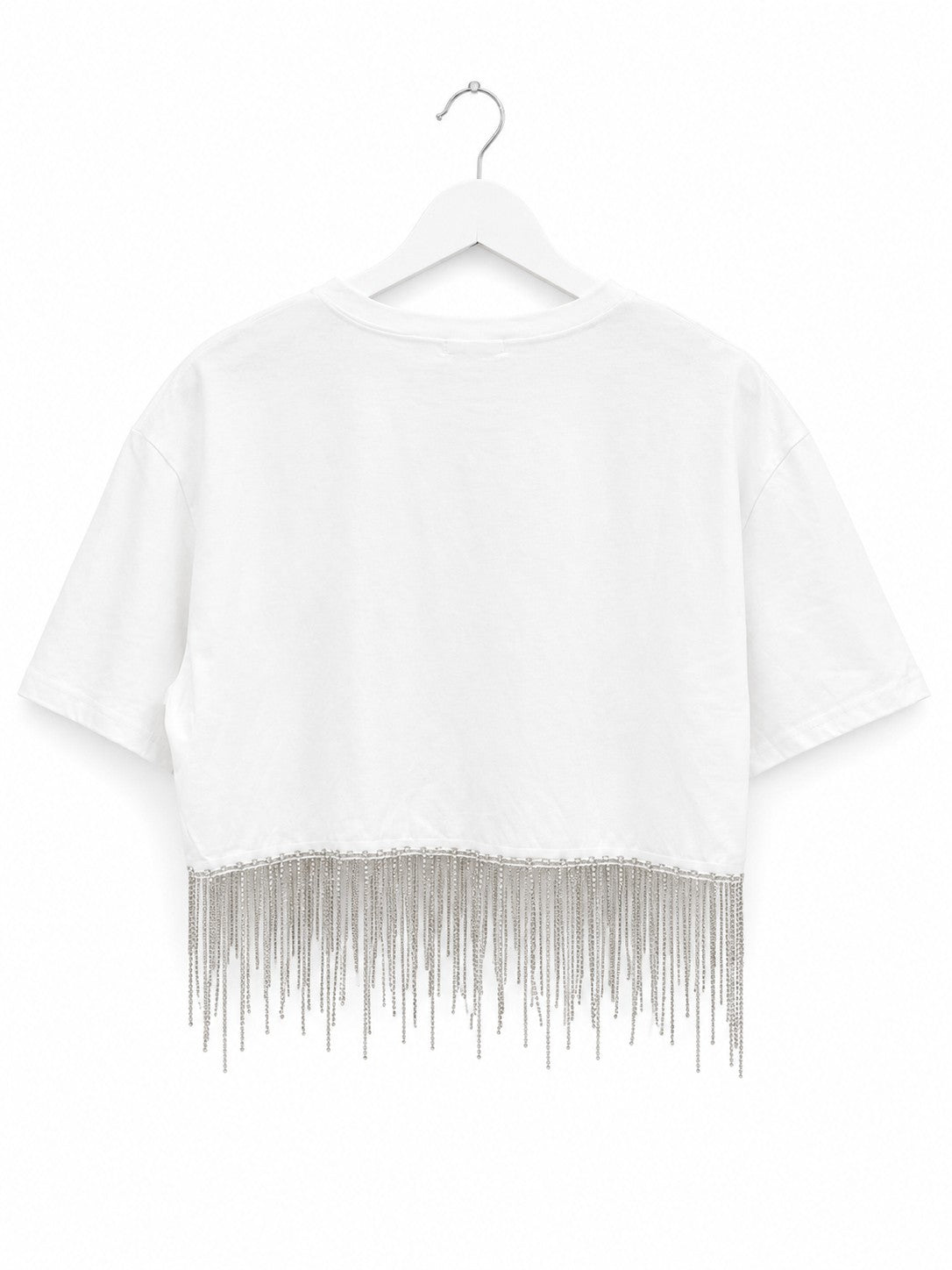 Baublely BRIDE Rhinestone Fringe Crop Tee White Pink Star Graphic Bachelorette M