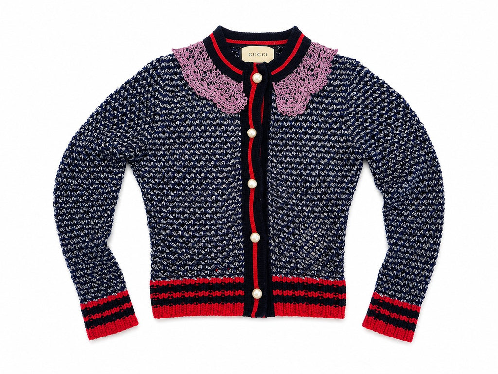 Gucci Metallic Knit Cardigan Navy Silver w/ Pink Lace Collar Pearl Buttons