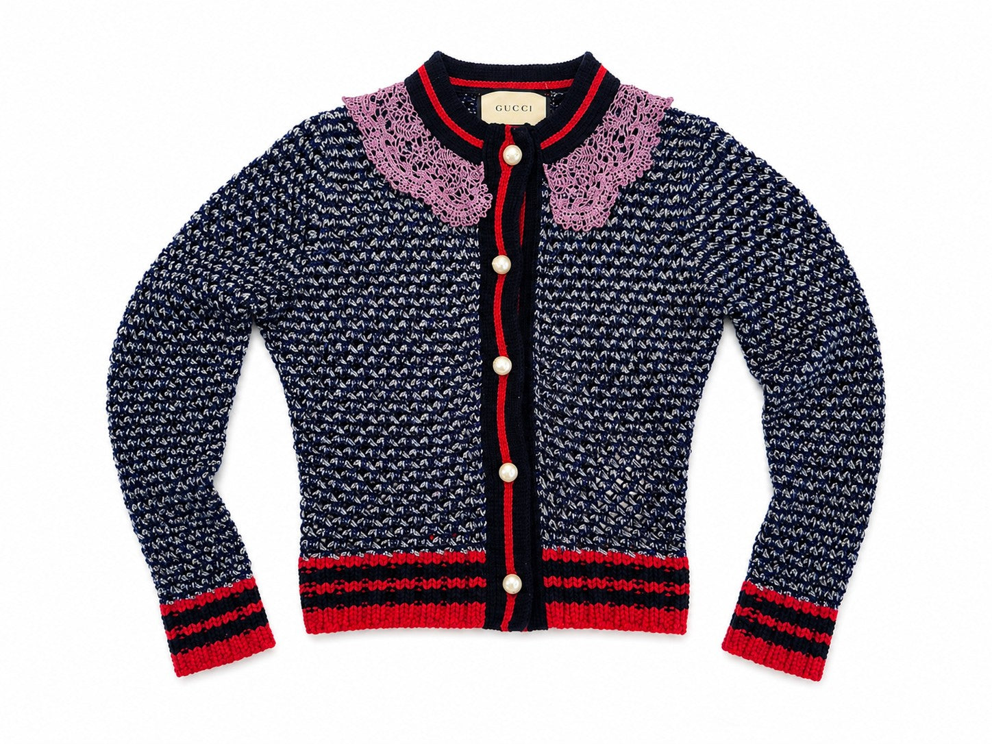 Gucci Metallic Knit Cardigan Navy Silver w/ Pink Lace Collar Pearl Buttons
