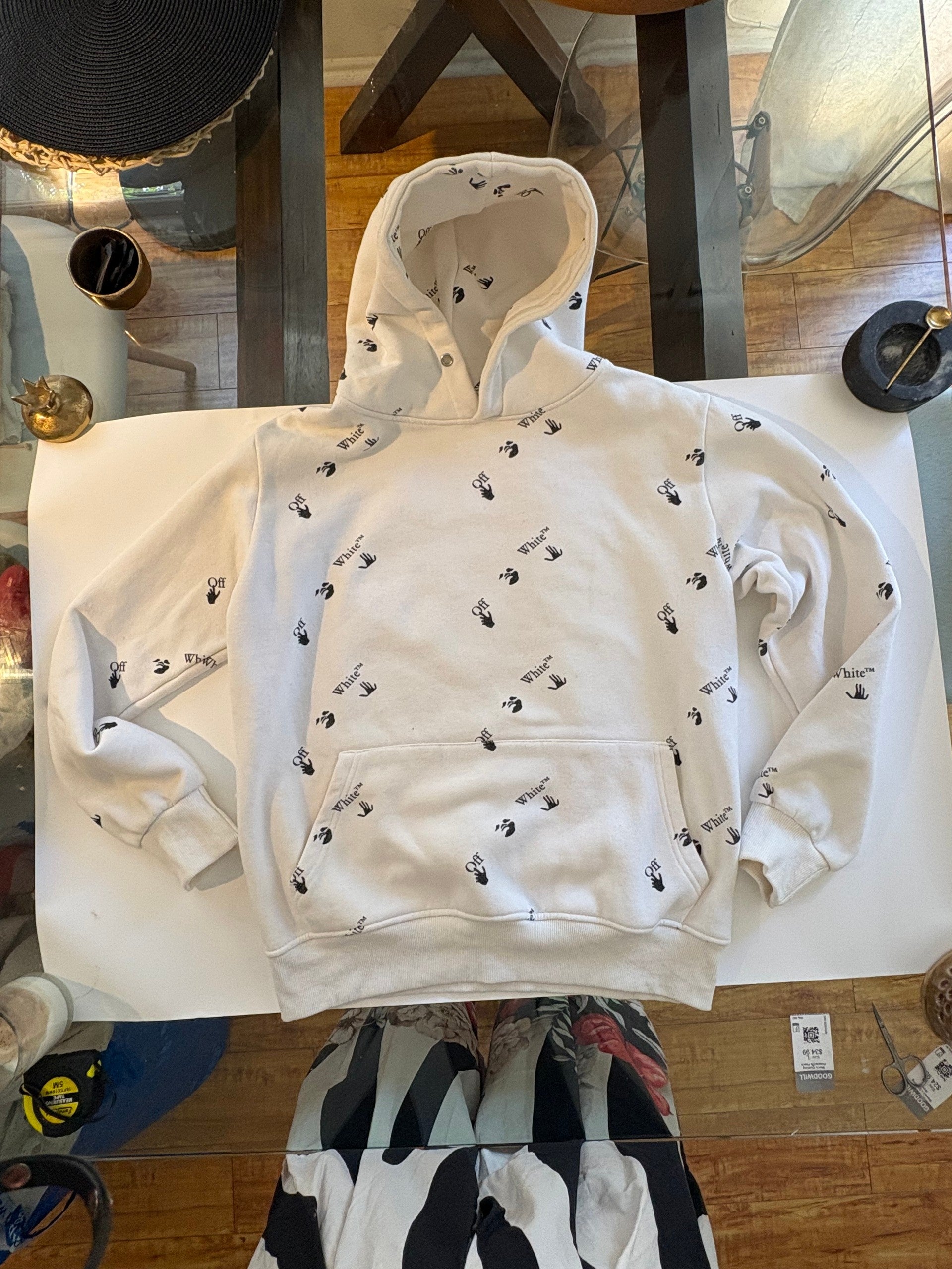 Off-White c/o Virgil Abloh All-Over Logo Hoodie White Hand Print Pullover