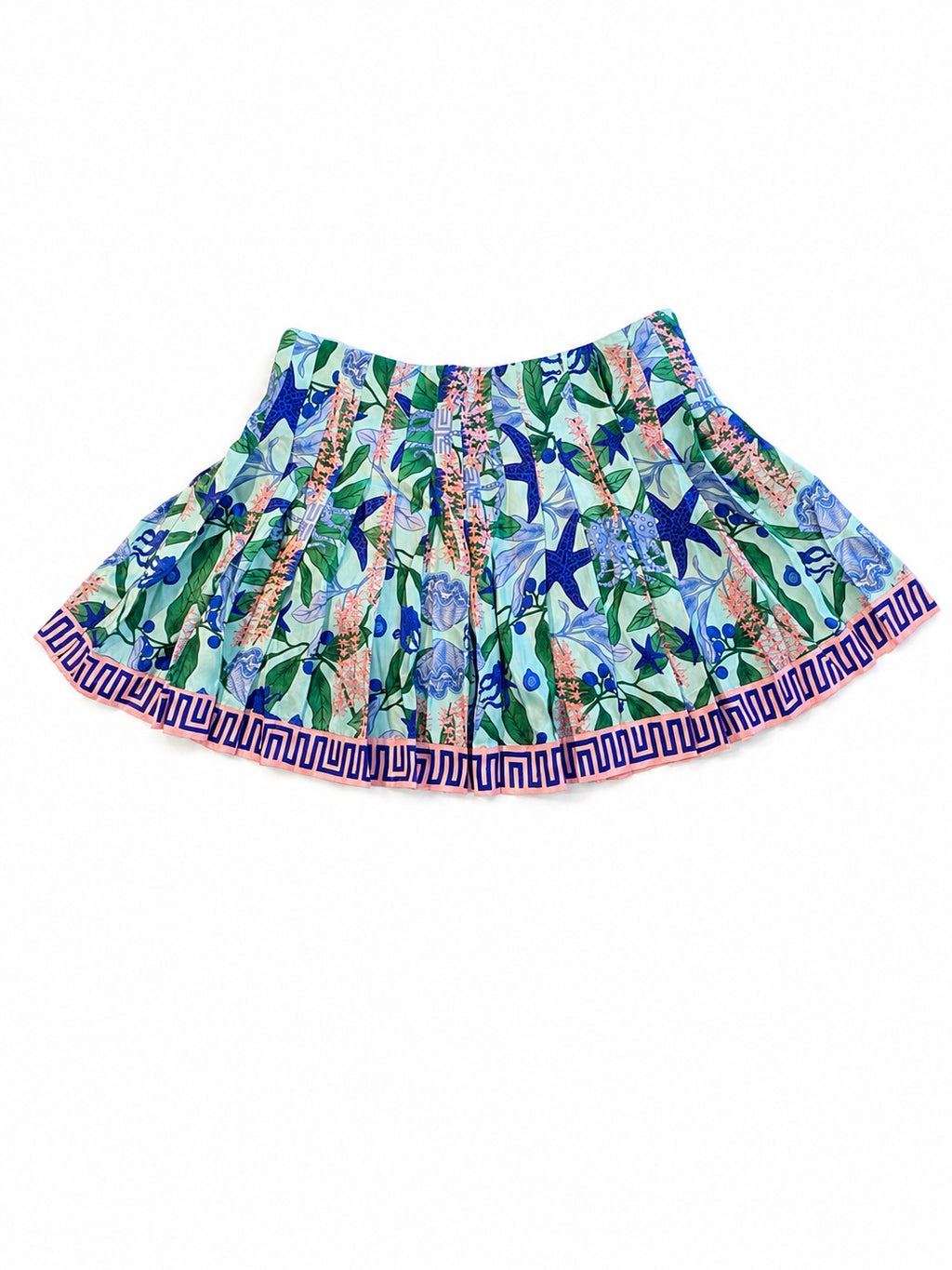 MUNA Prism Pleated Mini Skirt S Blue Green Floral Seahorse Print Greek Key Hem