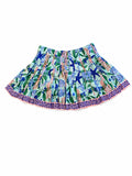 MUNA Prism Pleated Mini Skirt S Blue Green Floral Seahorse Print Greek Key Hem