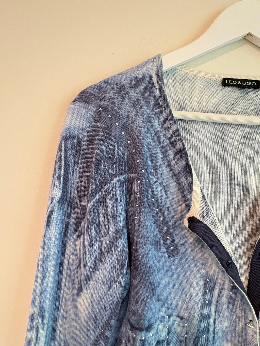 LEO & UGO Women's Denim-Print Cardigan Blue Studded Trompe l'oeil V-Neck Size 3