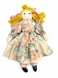 Handmade Cloth Rag Doll Yellow Yarn Hair Floral Rose Dress Black Shoes 18"