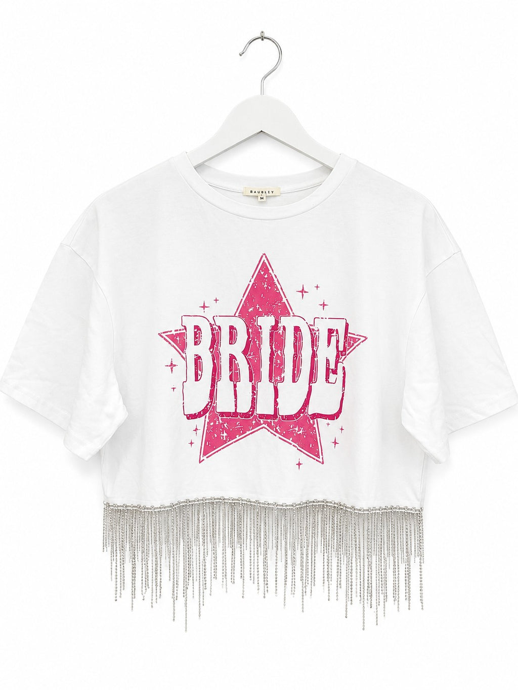 Baublely BRIDE Rhinestone Fringe Crop Tee White Pink Star Graphic Bachelorette M