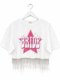 Baublely BRIDE Rhinestone Fringe Crop Tee White Pink Star Graphic Bachelorette M