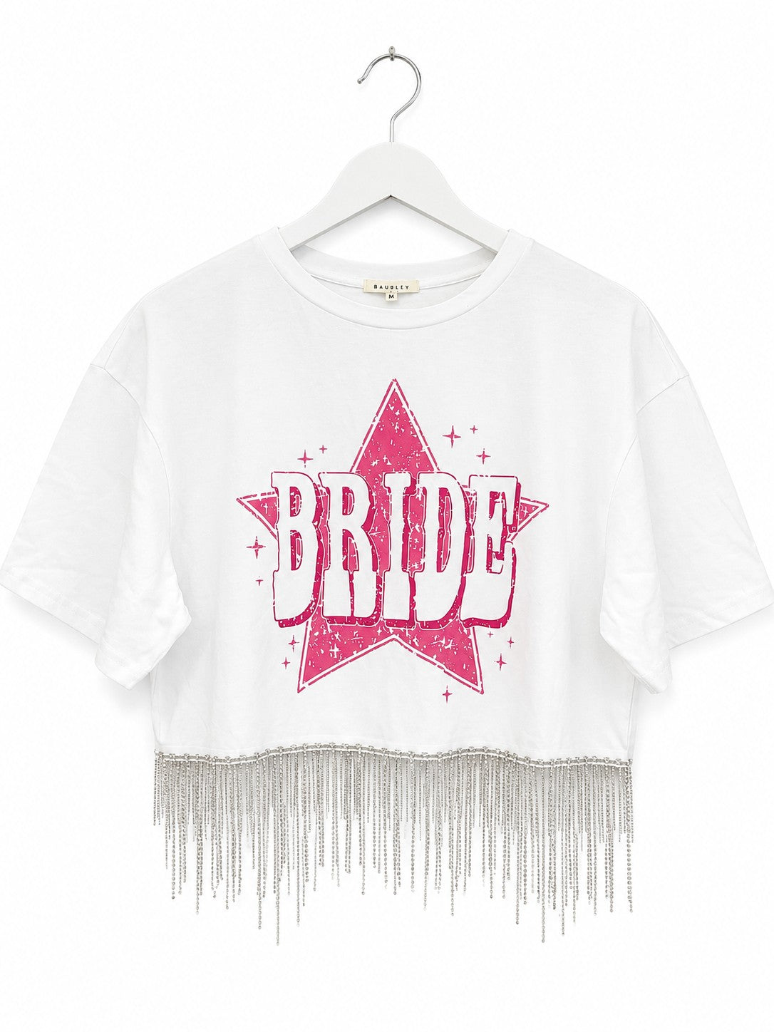 Baublely BRIDE Rhinestone Fringe Crop Tee White Pink Star Graphic Bachelorette M