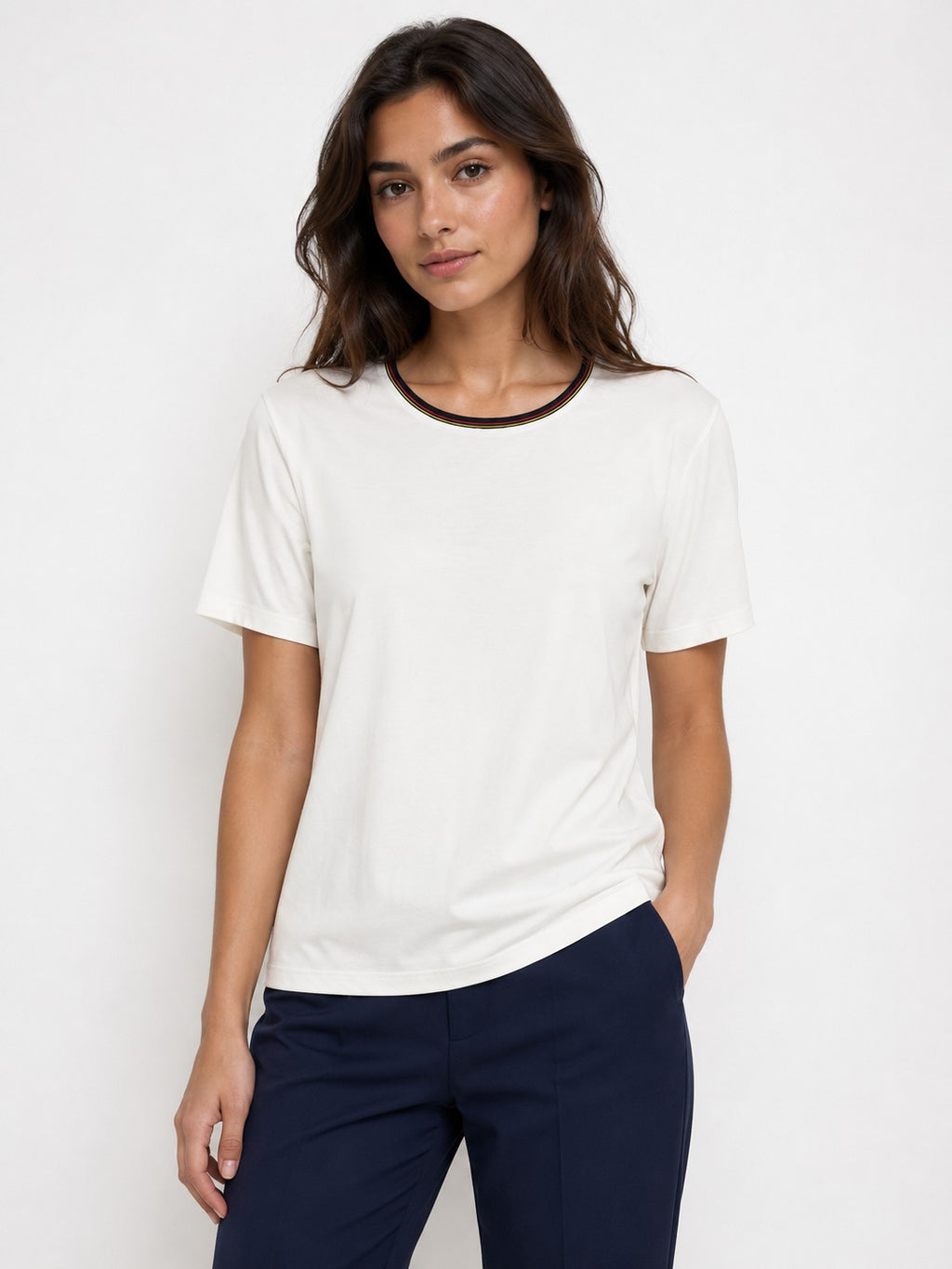 Paul Smith Women's Cream T-Shirt Signature Stripe Ringer Neck Short Sleeve Tee