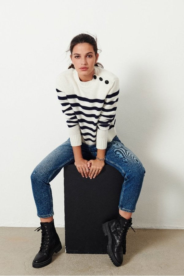 ba&sh Breton Striped Knit Sweater Cream Navy Button Shoulder Size 3 (US M)