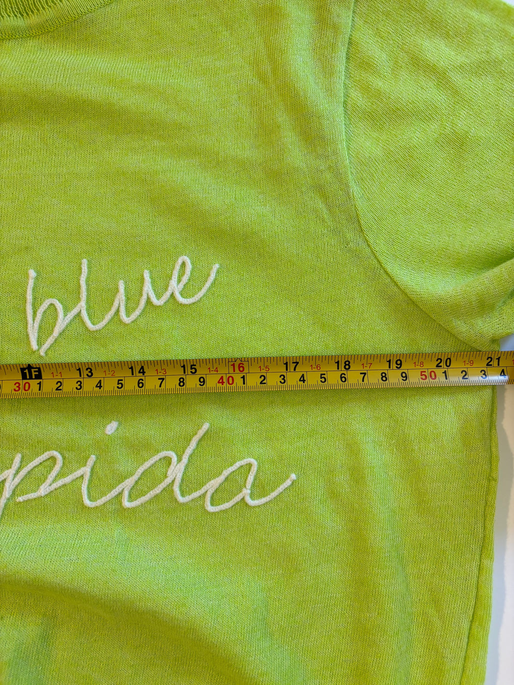 Geospirit Lime Green Short Sleeve Knit Top Embroidered "Concielo Blue Limpida"