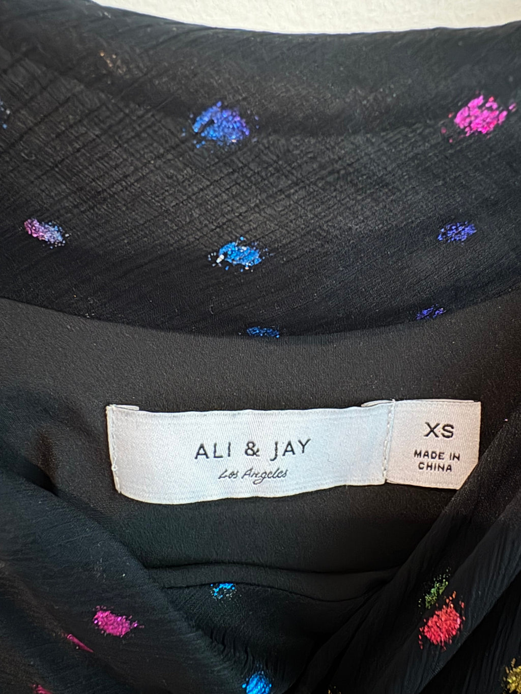 Ali & Jay Los Angeles Black Sheer Chiffon Rainbow Metallic Dot Tie-Shoulder Top