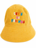 Corduroy Bucket Hat Yellow "Let's Be Friends" Embroidered Wide Brim Sun Hat
