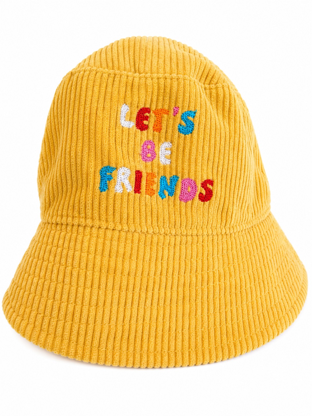 Corduroy Bucket Hat Yellow "Let's Be Friends" Embroidered Wide Brim Sun Hat