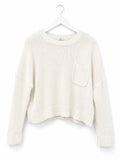 Women's Cream Chunky Knit Cropped Crewneck Sweater with Pocket Size S Oversized