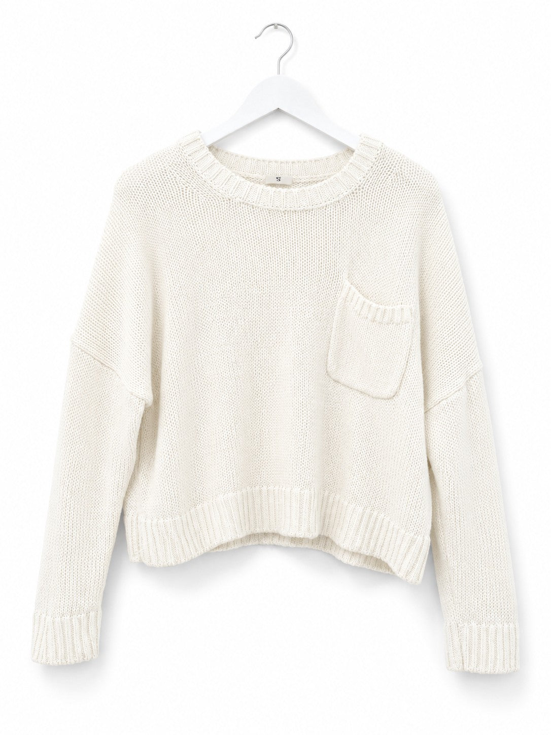 Women's Cream Chunky Knit Cropped Crewneck Sweater with Pocket Size S Oversized
