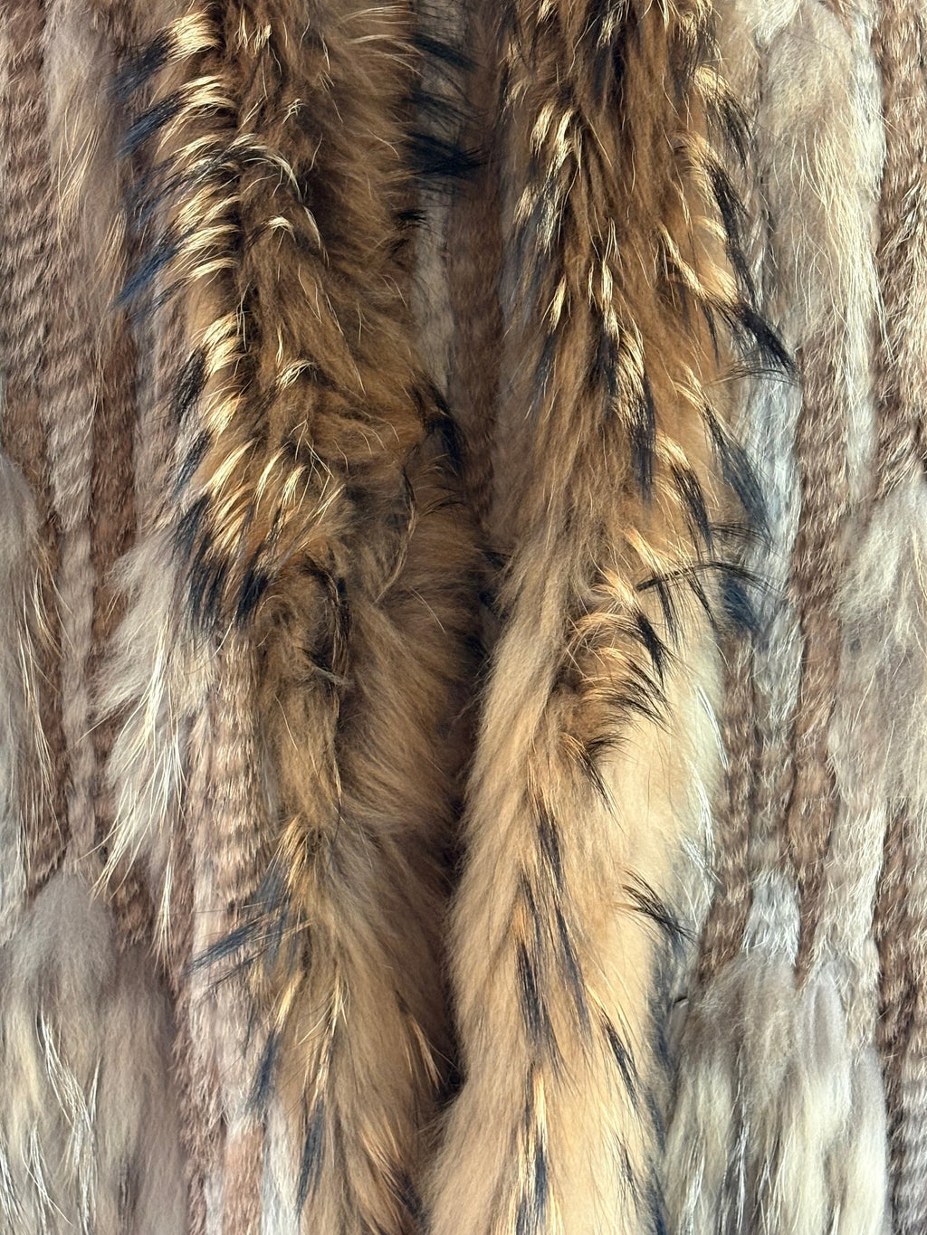 Knitted Rabbit Fur Vest w/ Raccoon Fur Trim Collar Brown Sleeveless Gilet