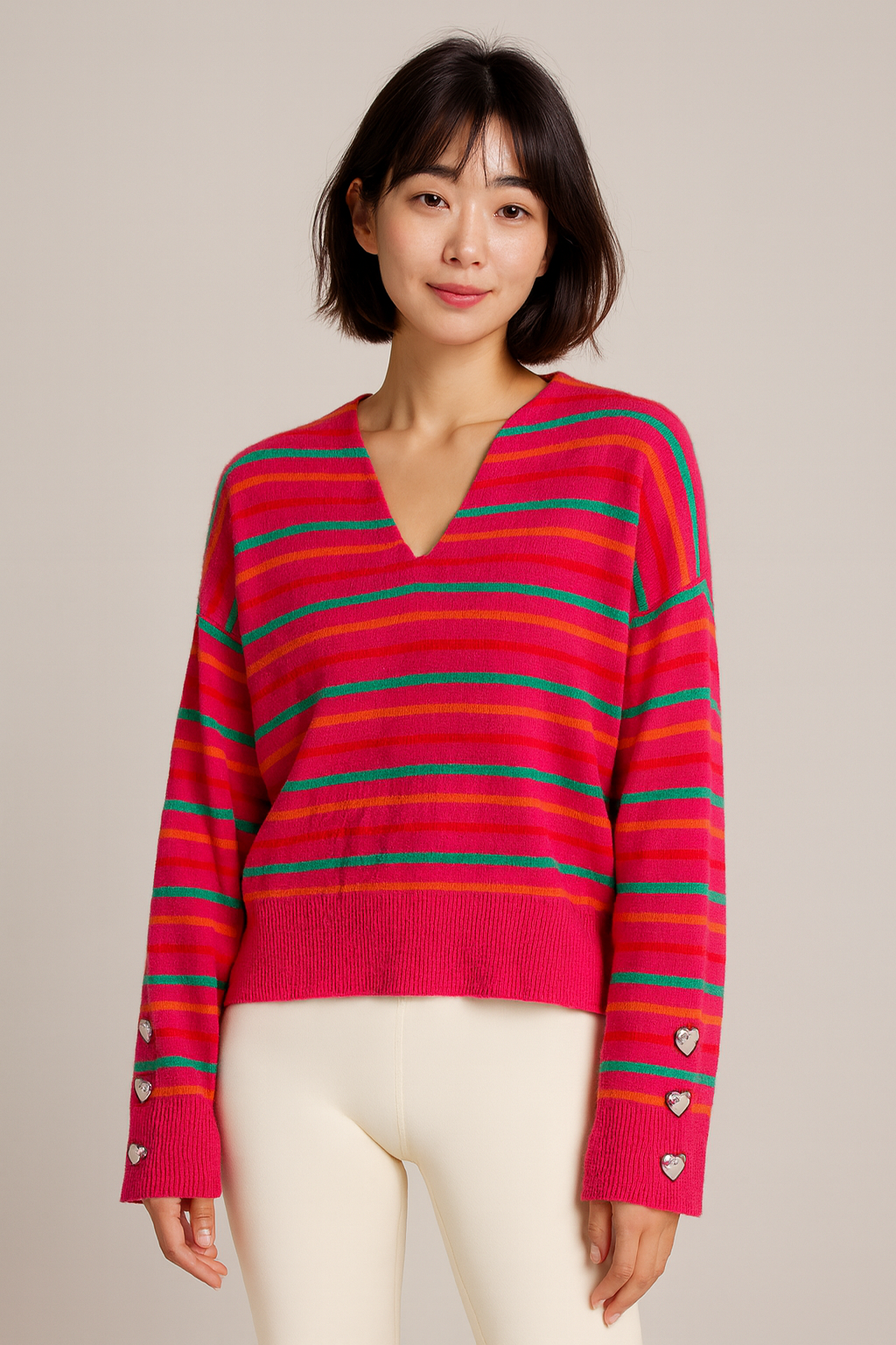 XO KR Kerri Rosenthal Pink Striped V-Neck Sweater Heart Button Cuffs Womens