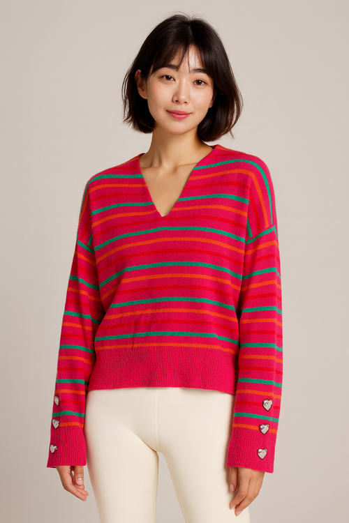 XO KR Kerri Rosenthal Pink Striped V-Neck Sweater Heart Button Cuffs Womens