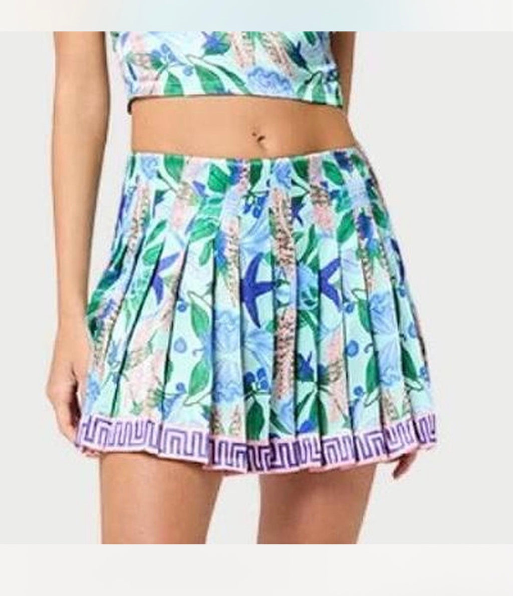 MUNA Prism Pleated Mini Skirt S Blue Green Floral Seahorse Print Greek Key Hem