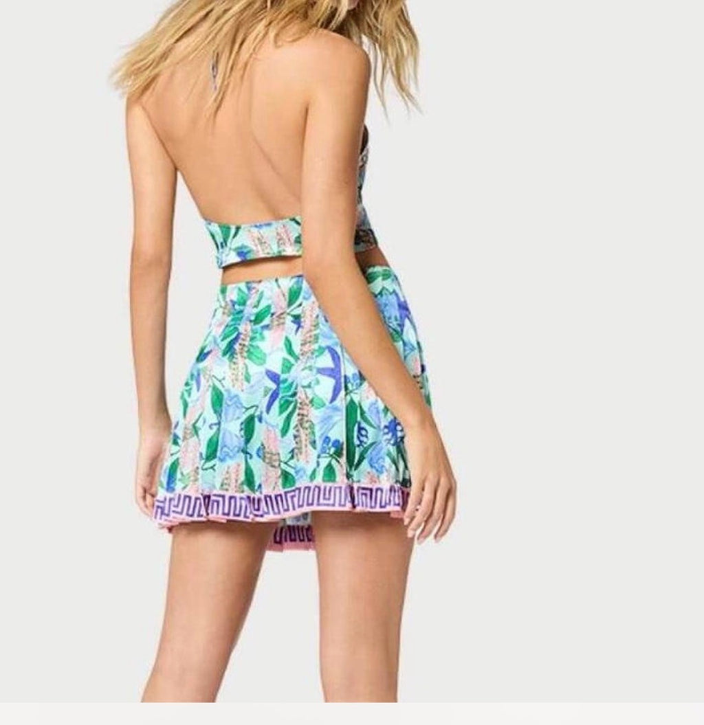 MUNA Prism Pleated Mini Skirt S Blue Green Floral Seahorse Print Greek Key Hem