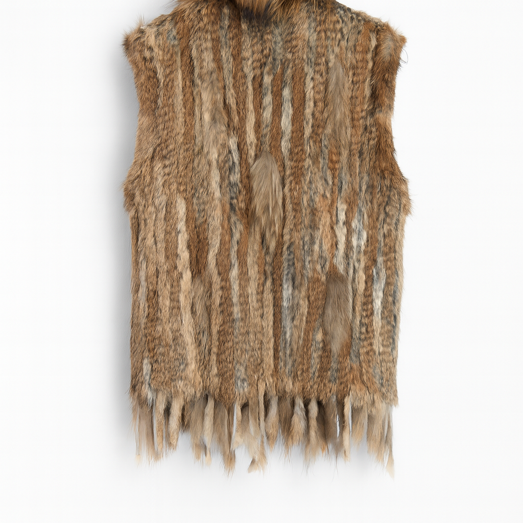 Knitted Rabbit Fur Vest w/ Raccoon Fur Trim Collar Brown Sleeveless Gilet