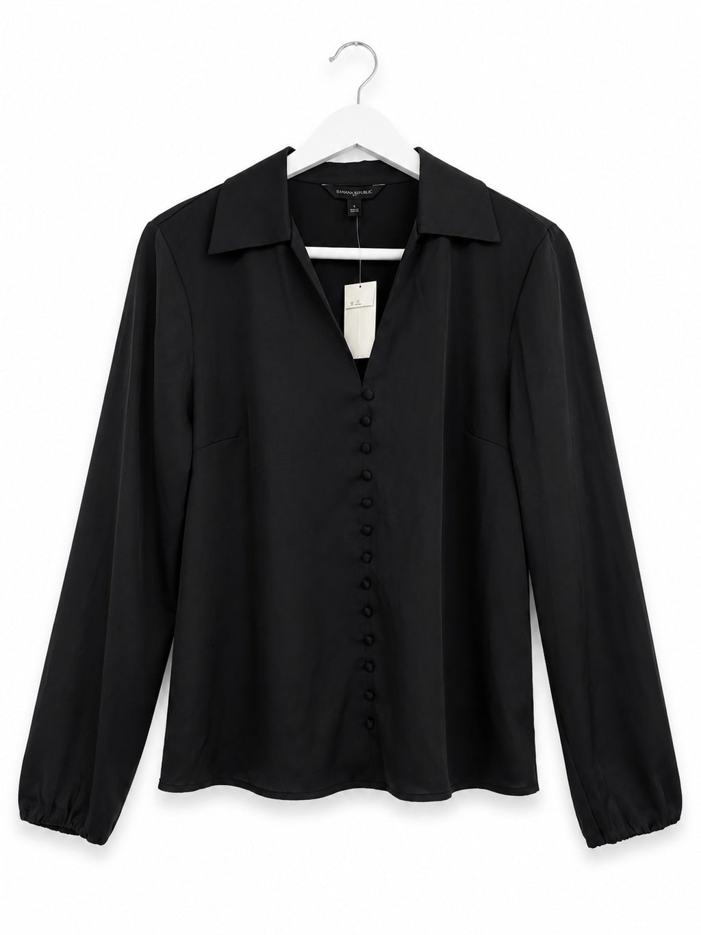 Banana Republic Black Satin Button-Front Blouse Collared Long Sleeve Women's S