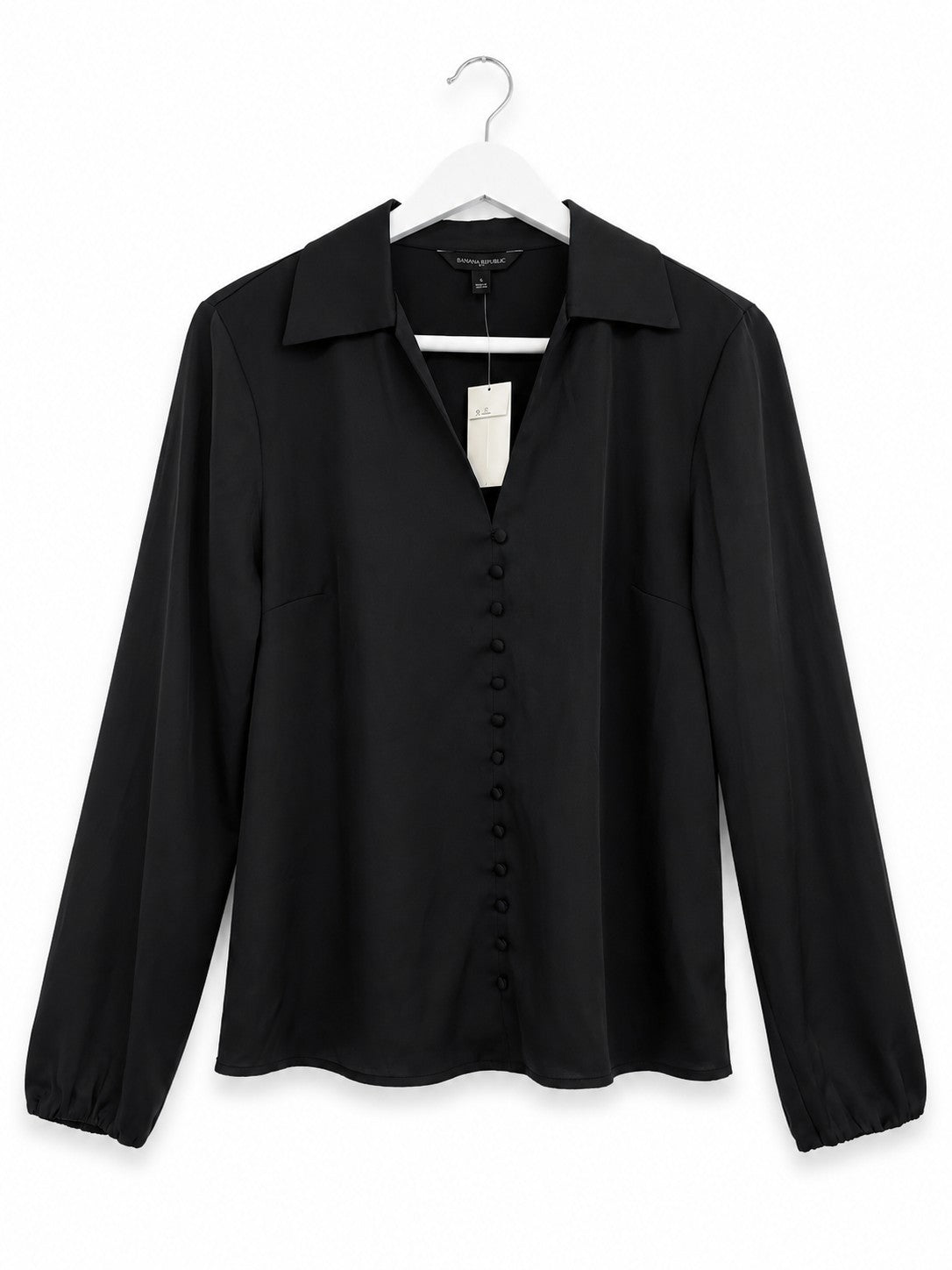 Banana Republic Black Satin Button-Front Blouse Collared Long Sleeve Women's S