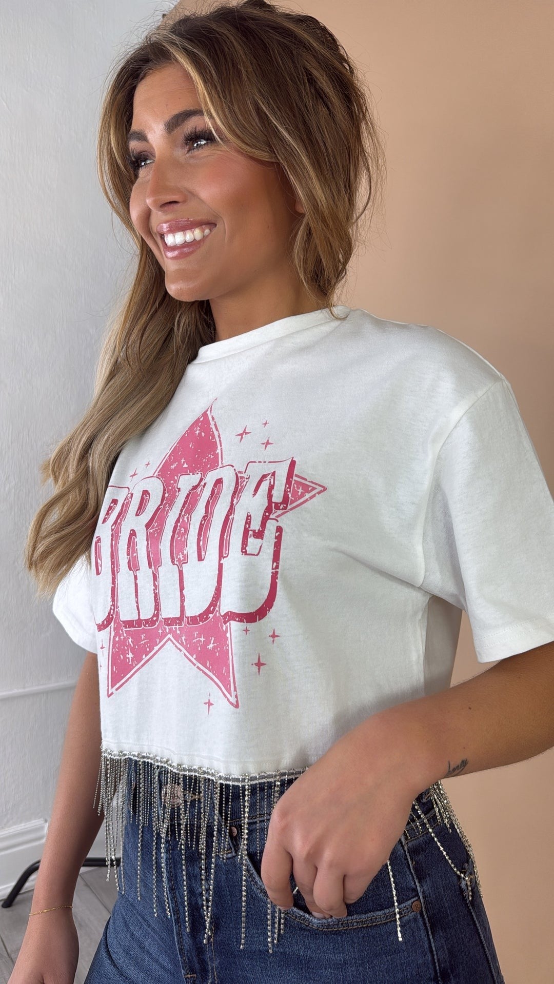 Baublely BRIDE Rhinestone Fringe Crop Tee White Pink Star Graphic Bachelorette M