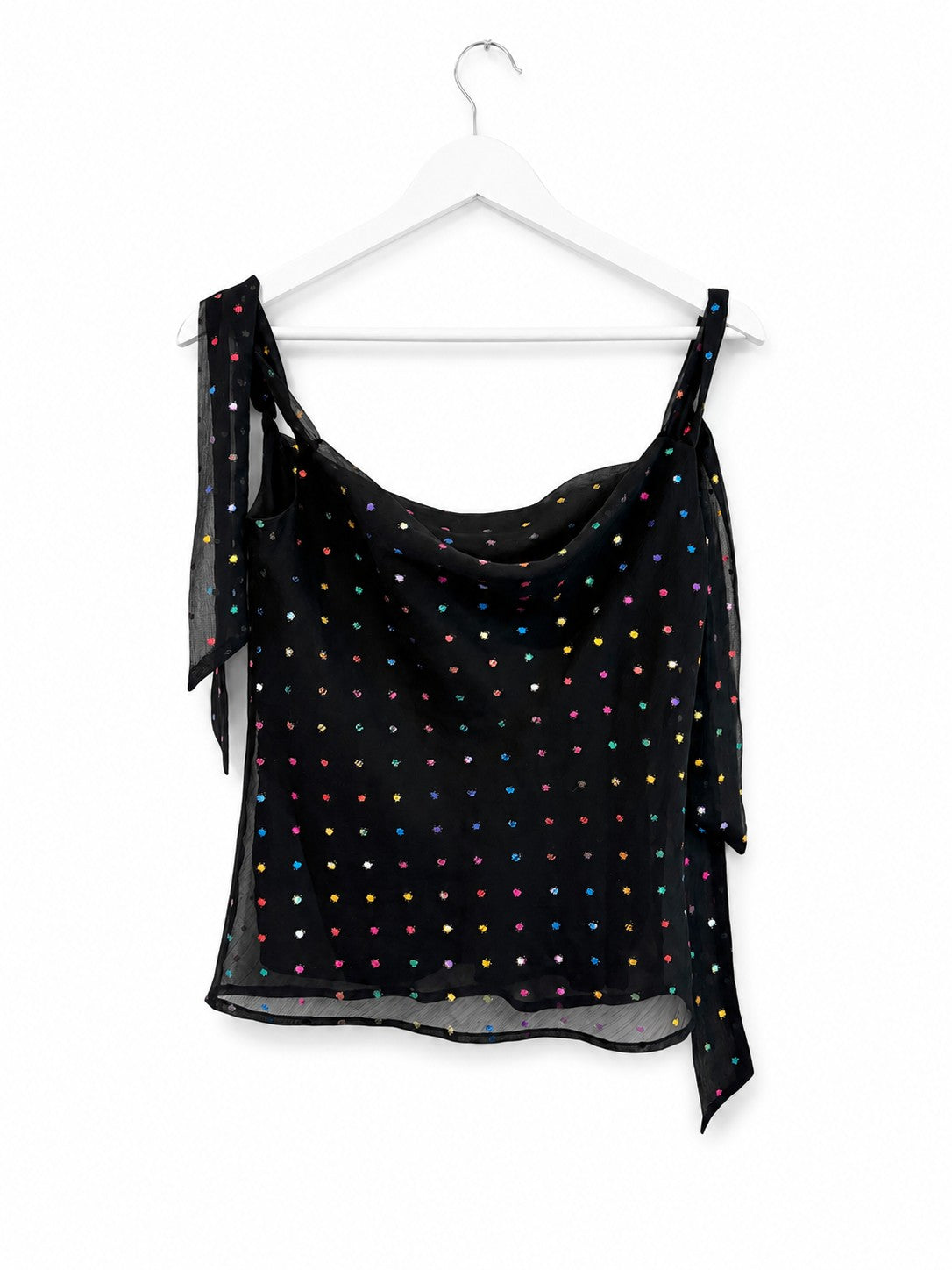 Ali & Jay Los Angeles Black Sheer Chiffon Rainbow Metallic Dot Tie-Shoulder Top