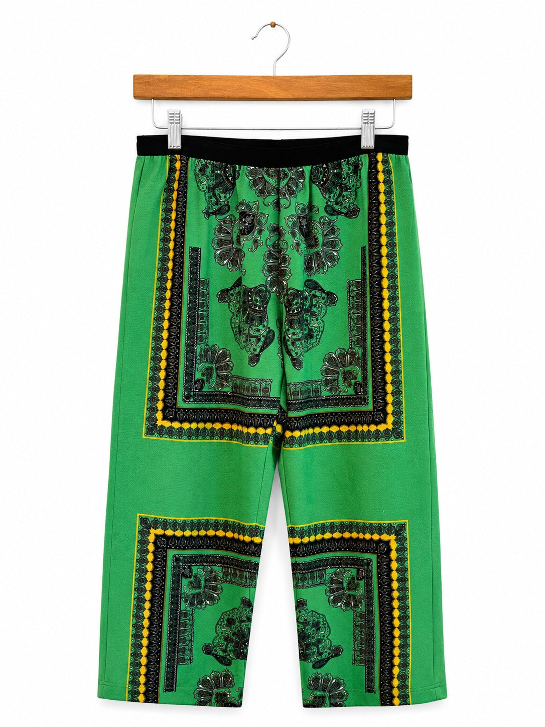 Green Baroque Scarf Print Wide Leg Cropped Pants Elastic Waist Pull On