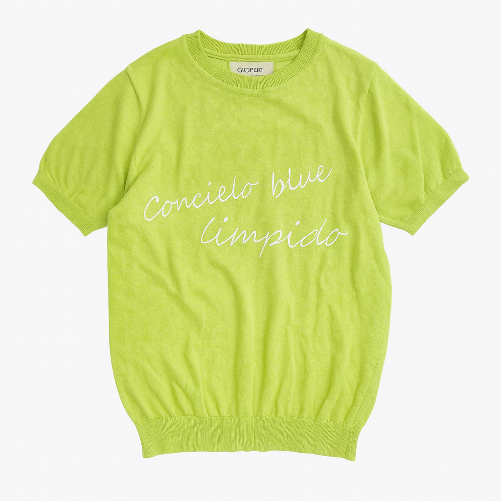 Geospirit Lime Green Short Sleeve Knit Top Embroidered "Concielo Blue Limpida"