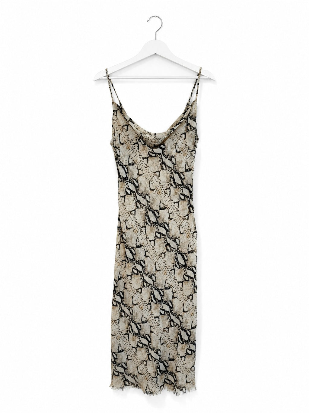 Snake Print Cowl Neck Slip Dress Midi Adjustable Straps Bias Cut Beige Black