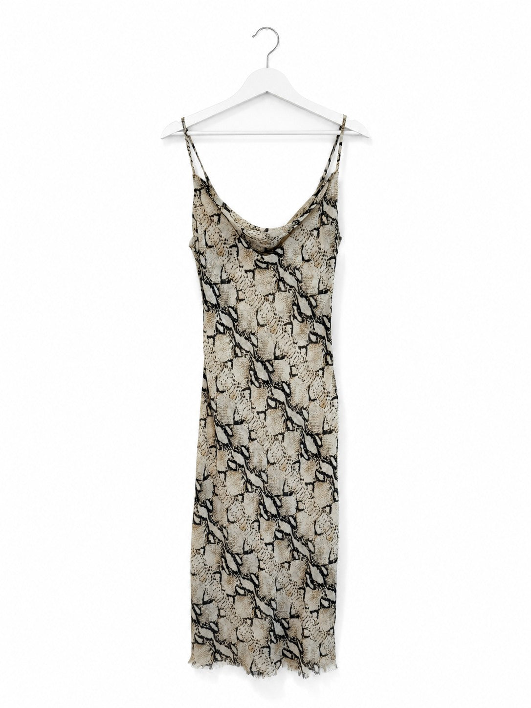 Snake Print Cowl Neck Slip Dress Midi Adjustable Straps Bias Cut Beige Black