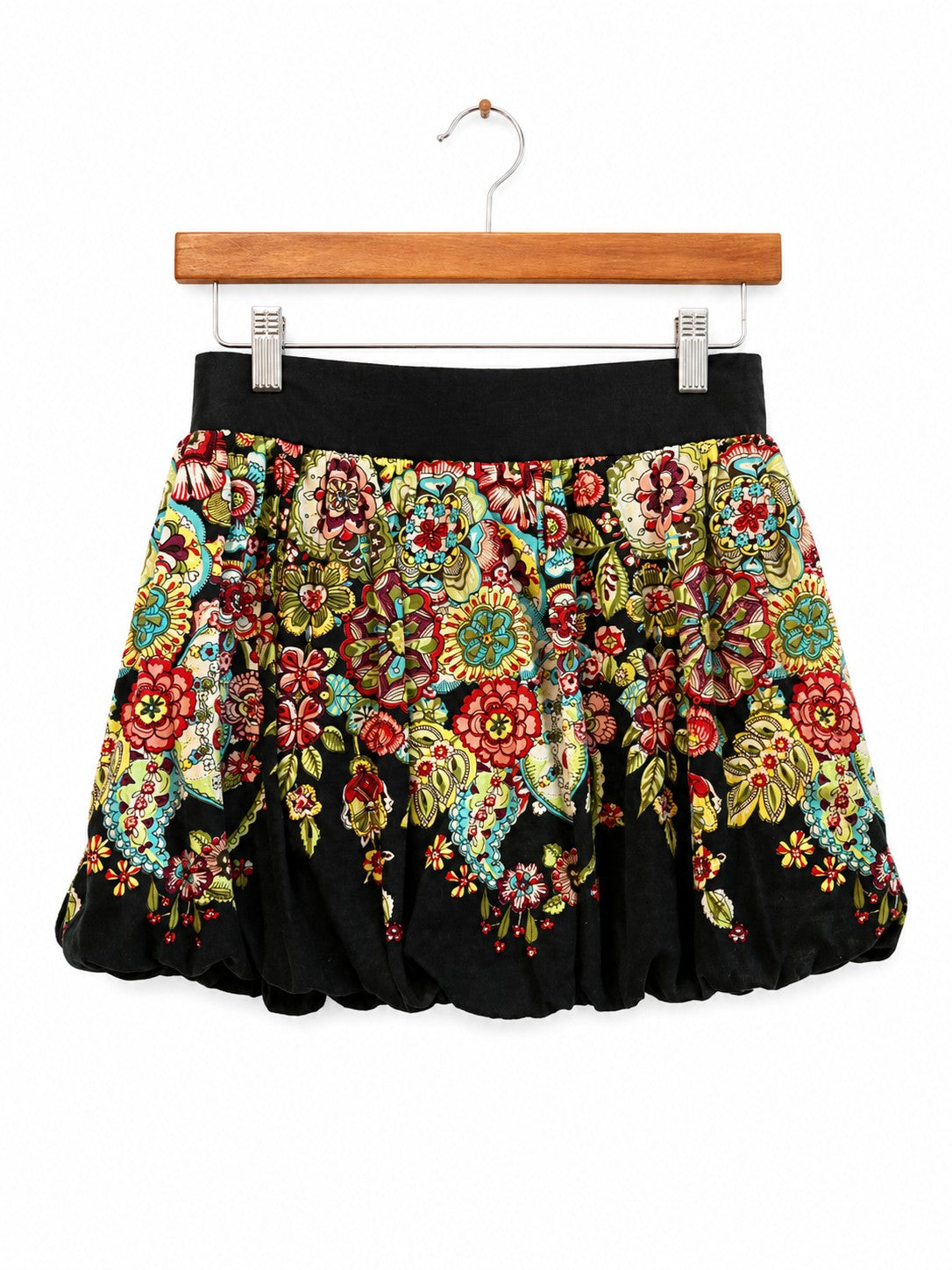 Floral Print Bubble Hem Mini Skirt Black Multicolor Boho Elastic Waist
