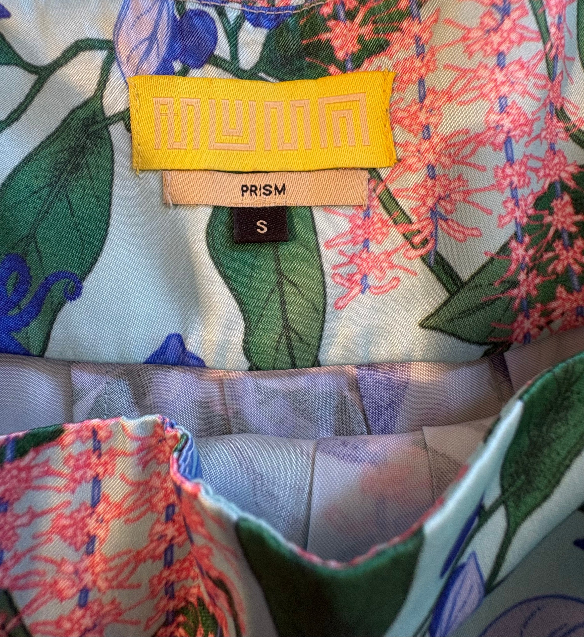 MUNA Prism Pleated Mini Skirt S Blue Green Floral Seahorse Print Greek Key Hem