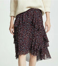 Tiered Ruffle Chiffon Midi Skirt Navy Red Abstract Print High-Low Asymmetric