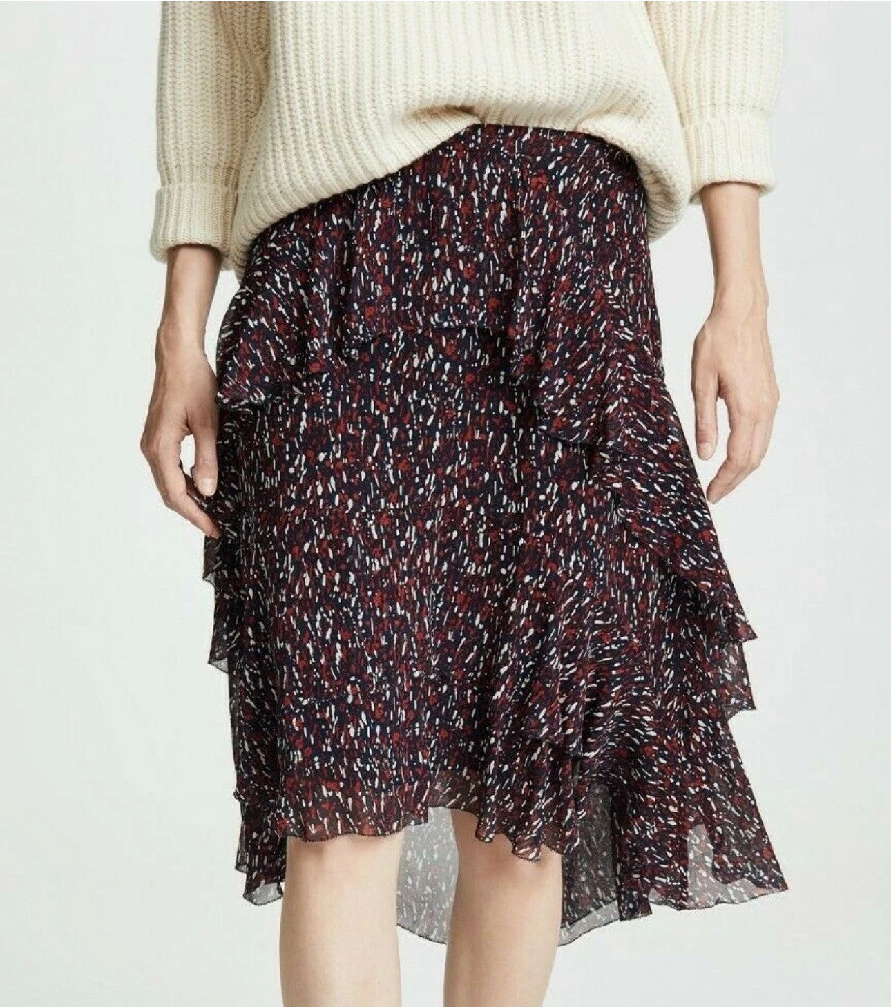 Tiered Ruffle Chiffon Midi Skirt Navy Red Abstract Print High-Low Asymmetric